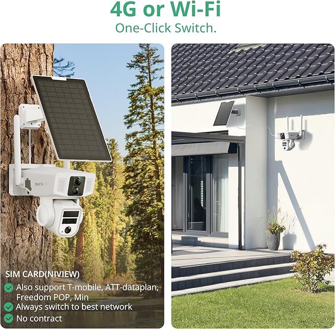 4G LTE Cellular Security Camera, 4K Wireless Outdoor Solar Camera 12000mAh, No WiFi or WiFi Duo-Mode, 10x Optical Zoom, 360° Pan and Tilt AI Tracking, 64G SD/SIM Card, IP66 Weather-Resistant - White