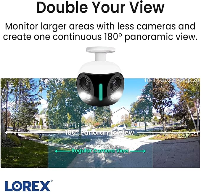 Lorex 4K Dual-Lens Outdoor Wi-Fi Security Camera | 180° Panoramic View | Smart Security Lighting | Color Night Vision | 2-Way Talk | Auto-Framing | 32GB Local Storage, No Monthly Fees | IP66 Rated