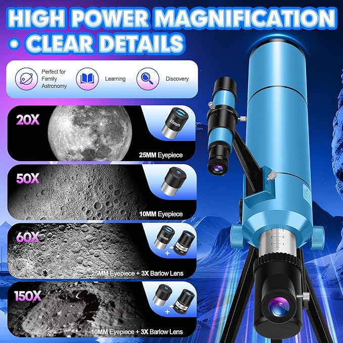 Telescope for Adults & Kids, 80mm Aperture 500mm (20X-150X) Professional Refractor Telescope for Astronomy Beginners, Portable Travel Telescopes with Tripod Phone Adapter, Stickers, Backpack