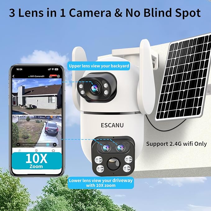 Three-Lens Security Camera Wireless Outdoor,2K 360° View Cameras for Home Security,Solar Battery Powered Camera with10x Hybrid Zoom,Motion Detection,Night Vision,No Subscription Fee,Waterproof