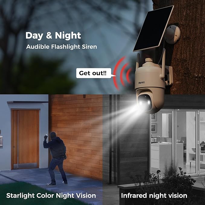 Sovmiku CQ1 AI 2K Solar Security Camera Wireless Outdoor, Battery Powered Cam, Two-Way Audio,PIR Motion Detection, Easy to Setup, Pan/Tilt 360° View,Color Night Vision,Audible Flashlight Siren,SD Slot