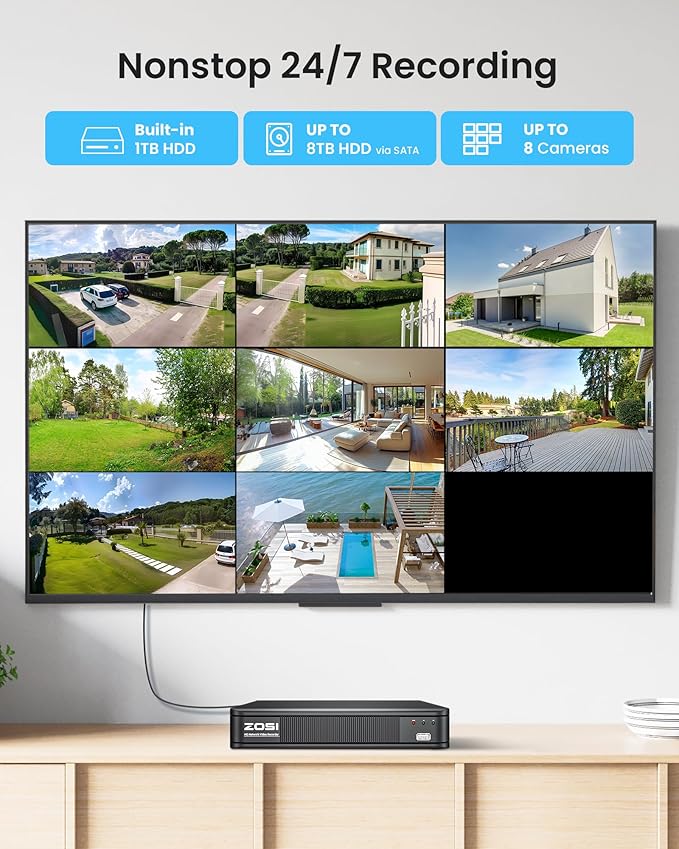 ZOSI 5MP 3K Lite CCTV Security Camera System with AI Human Vehicle Detection, 8CH H.265+ DVR and 4 x 1080p Surveillance Bullet Cameras Outdoor Indoor, 100ft Night Vision, IP66 Weatherproof, 1TB HDD