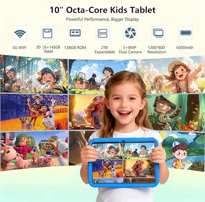 Kids Tablet, 10 inch Android 15 Tablet for Kids, 20GB RAM 128GB ROM Octa-Core 6000mAh Battery Childs Tablets with Shockproof Case, Bluetooth, WiFi, Parental Control, Dual Camera, GPS