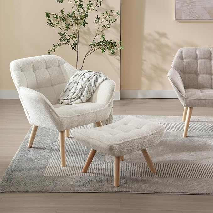Modern Sherpa Accent Chair with Ottoman, Fluffy Upholstered Lounge Chair with Footrest, Comfy Living Room Side Boucle Armchair for Small Space Bedroom Apartment, White