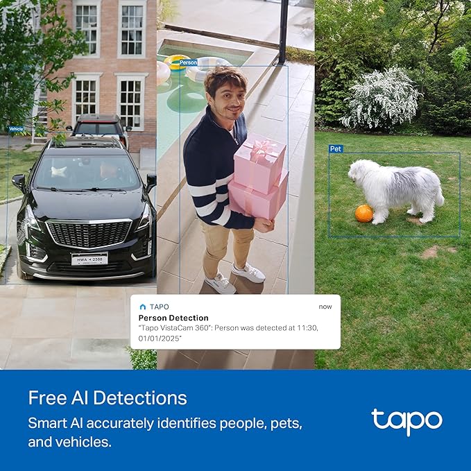 Tapo 4K Outdoor Camera Wireless, Battery Camera w/Solar Panel, Pan/Tilt, 360° View, 24/7 Capture, Free Person/Vehicle Detect, Night Vision, SD/Cloud, Works w/Alexa and Google Assistant, VistaCam 360