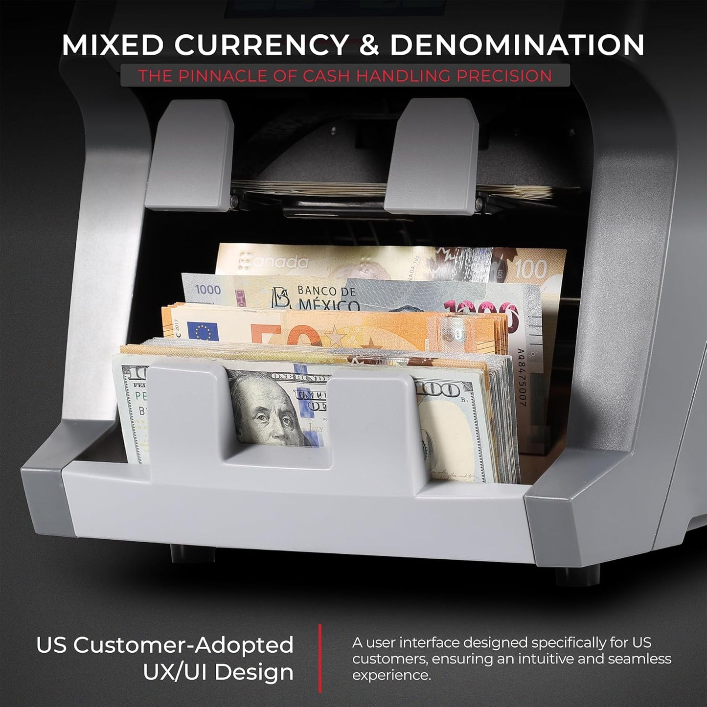 Cassida 9900R V2 2-Pocket Premium Bank Grade Money Counter Machine Mixed Denomination, Bill Sorter, Value Counting, Printer Enabled, 2 CIS, UV/MG, IR/IT Counterfeit Detection with Built-in Printer