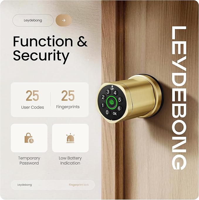 Leydebong 4-in-1 Smart Door Lock with Fingerprint and Keypad - Keyless Entry Electronic Lock with App Control and Mechanical Key - Easy Installation Door Knob with Code in Satin Brass