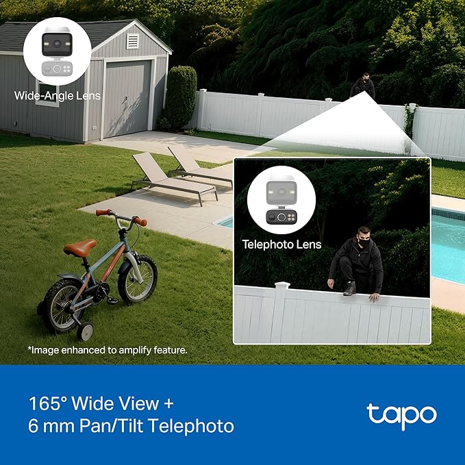 Tapo 2K Dual Lens Pan/Tilt Security Battery Camera Wiress w/Solar Panel, 165° Wide-Angle + 6mm Telephoto, Free Person/Vehicle Detection, 360° Pan, SD/Cloud Storage, Works w/Alexa & Google, C645D KIT