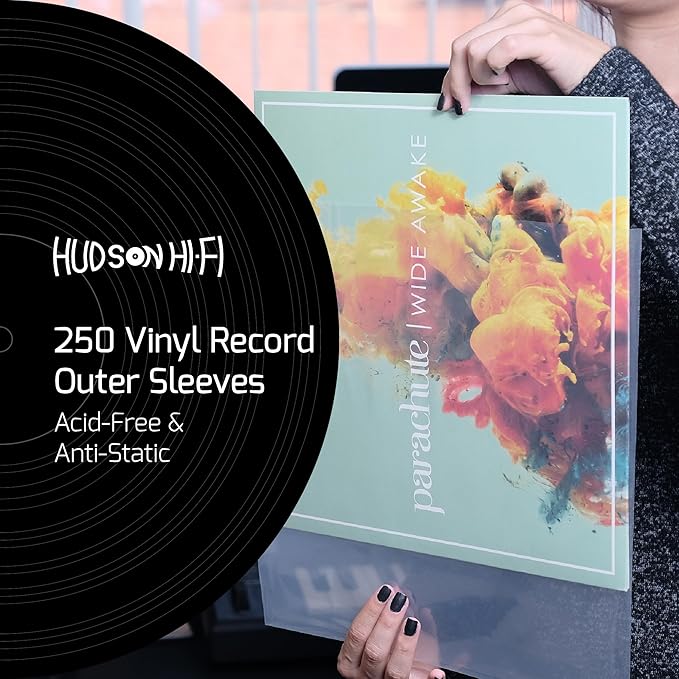 New Hudson Hi-Fi Vinyl Record Outer Sleeve Covers - 250 Pack - Premium Crystal Clear Sleeves - Protect Your LP Albums from Scratches, Dirt & Dust - 3 Layers of 30µm Thick No-Acid Exterior Disc Cover