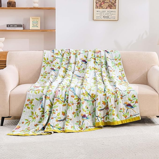 Boho Throw Blanket for Bed, 100% Cotton Soft Rustic Quilt Fall Blanket, 50"x60" Floral Printed Farmhouse Decor Bed Blankets, All Season Rustic Reversible Bohemian Throw Quilt