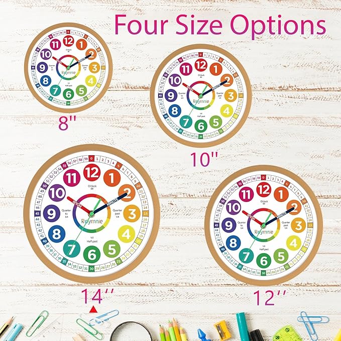 Roymnie14 Inch Wall Clock for Kids Learning to Tell Time Large Analog Silent Battery Operated Teaching Clock Silent Colorful Teaching Time Ideal Gift for Kids Room School