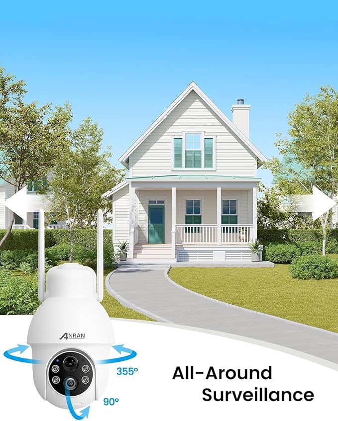 ANRAN 2K Solar Security Camera Outdoor Wireless, WiFi Camera Battery-Powered with 360° PTZ for Home Security, 3MP Color Night Vision, PIR Motion Detection, Two-Way Audio, Compatible with Alexa