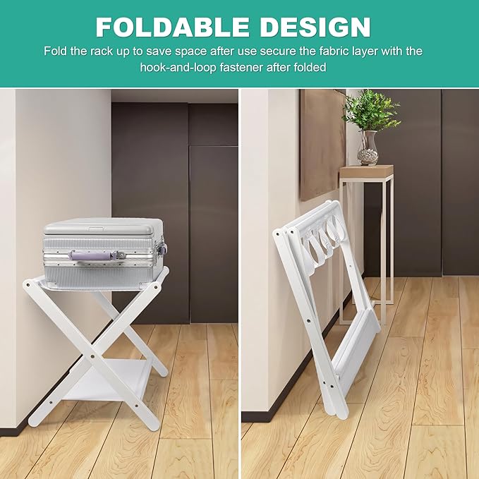 VASMIA Luggage Rack, Folding Suitcase Stand with Storage Shelf Set of 2, Bamboo Luggage Stand for Guest Room,Bedroon and Hotel,Holds up to 131 lb,Fit Most Luggage Size,White