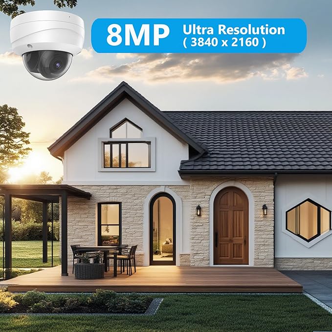 Real HD 4K 8MP Dome PoE IP Camera Outdoor 2.8mm 105° Wide Angle, 98ft IR Night Vision, H.265, IP67, WDR, Compatible with Onѵіf Protocol, BIᴜe Irіs