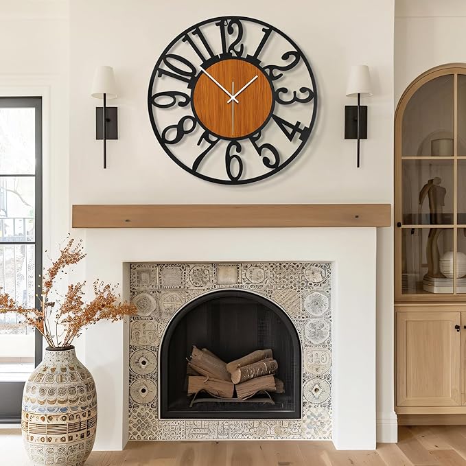 Maxstar Large Round Wall Clock for Living Room Decor Battery Operated Non Ticking Black Metal Wood Clocks for Home Living Room Garden Office Kitchen Decoration -24 inch