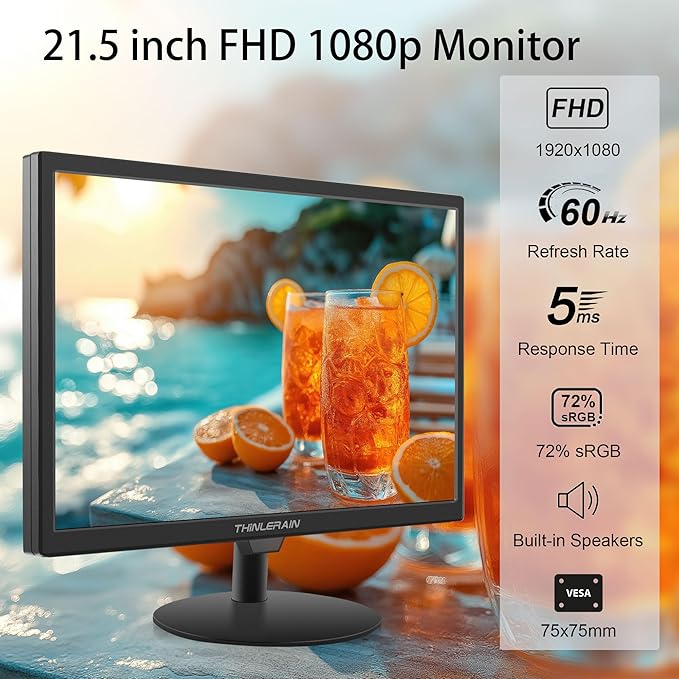 21.5 inch Computer Monitor 1920x1080 PC Monitor with HDMI VGA AV BNC USB Ports, 60Hz, 5Ms, VESA, Display Build-in Speakers for Office Home