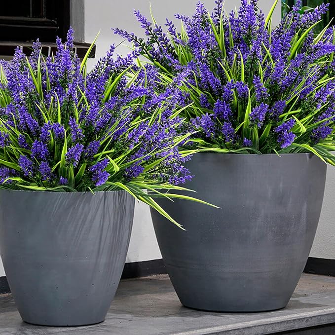 Geegoods 24 Bundles Artificial Plants Flowers Outdoor – Faux Lavender Flowers with Monkey Grass UV Resistant Plastic Faux Plants for Garden Porch Window Patio Hanging Planter Home Decor