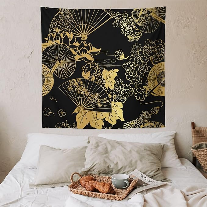HZOHNAGO Japanese Tapestry Gold Flowers Umbrella Fan Pattern Printed Wall Tapestry Painting Wall Hanging for Bedroom Living Room Dorm 60" W x 60" H