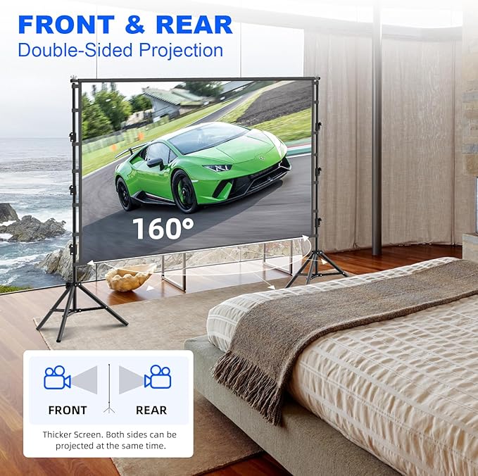 Outdoor Projector Screen with Stand, 150 inch Portable Projection Screen Wrinkle-Free 16:9 4K HD Rear Front Movie Screen with Carry Bag for Indoor Home Theater, Camping and Backyard Entertainment
