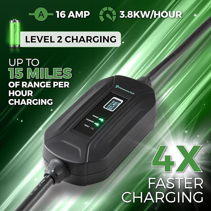 PRIMECOM Level 2 Electric Vehicle (EV) Charger (220V / 240Volt, 16Amp) Portable EVSE Smart Electric Car Charger, 30', 40', and 50 Feet Lengths (NEMA 10-50P, 30 Feet)