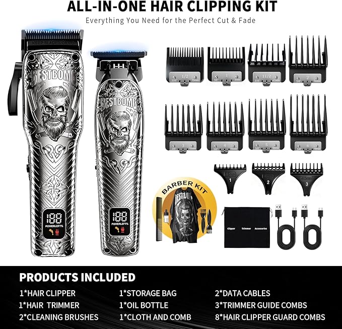 BESTBOMG Professional Cordless Mens Hair Clippers & Beard Trimmer Kits & Sets,Metal Hair Clippers Cutting Grooming Kit with Long Battery Life for Family Barber Use (Gray)