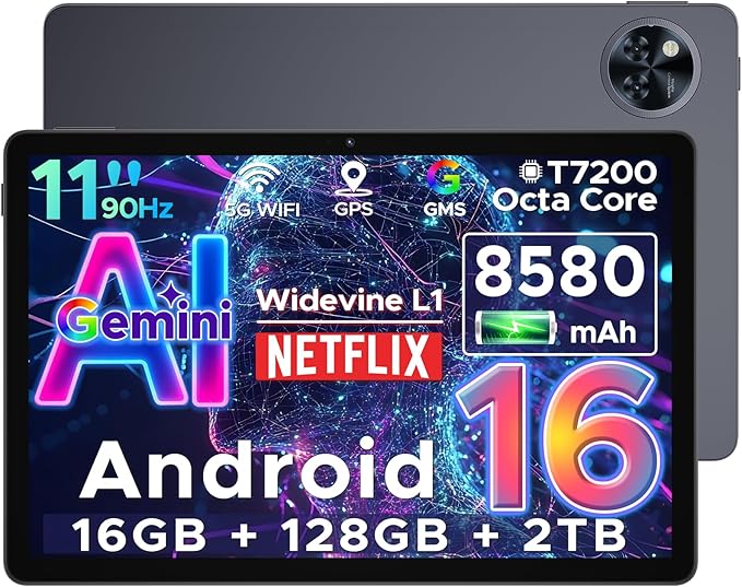 DOOGEE U11 Android 16 Tablet,11 Inch Tablet with Gemini AI,16GB+128GB/2TB,8580mAh Gaming Tablets,Unisoc T7200 Octa-Core,13MP+5MP Tablets,2.4G+5G WiFi / WidevineL1/3.5mm Audio/Face ID/OTG