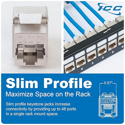 ICC Shielded FTP CAT6A Keystone Jack with Slim Profile 180 Degree Punch Down, 10Gbps RJ45 UL Listed PoE++ TAA Compliant for Wall Plate or Patch Panel, Works with JackEasy Termination Tool, 25 Pack
