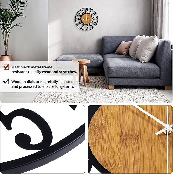 Maxstar Wall Clock Battery Operated,Silent Non-Ticking Modern Rustic Metal Round Clocks Small for Living Room/Bedroom/Office/Kitchen/Farmhouse Home Decor-12 Inch(Yellow-Wood)