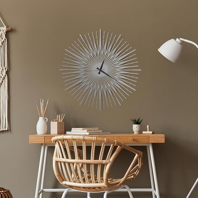 Sun Rays Wall Clock, Large Metal Decorative Wall Clock, Modern Minimalist Wall Decor (Silver, Small)