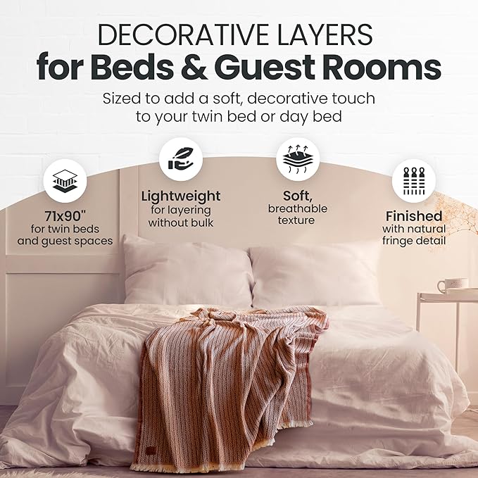 Gold Case Throw Blanket for Bed – 100% Recycled Turkish Cotton Bed Blanket – Decorative Throw Cotton Blankets for Living Room & Bedroom – Woven Twin Blankets - 71x90 - Grey
