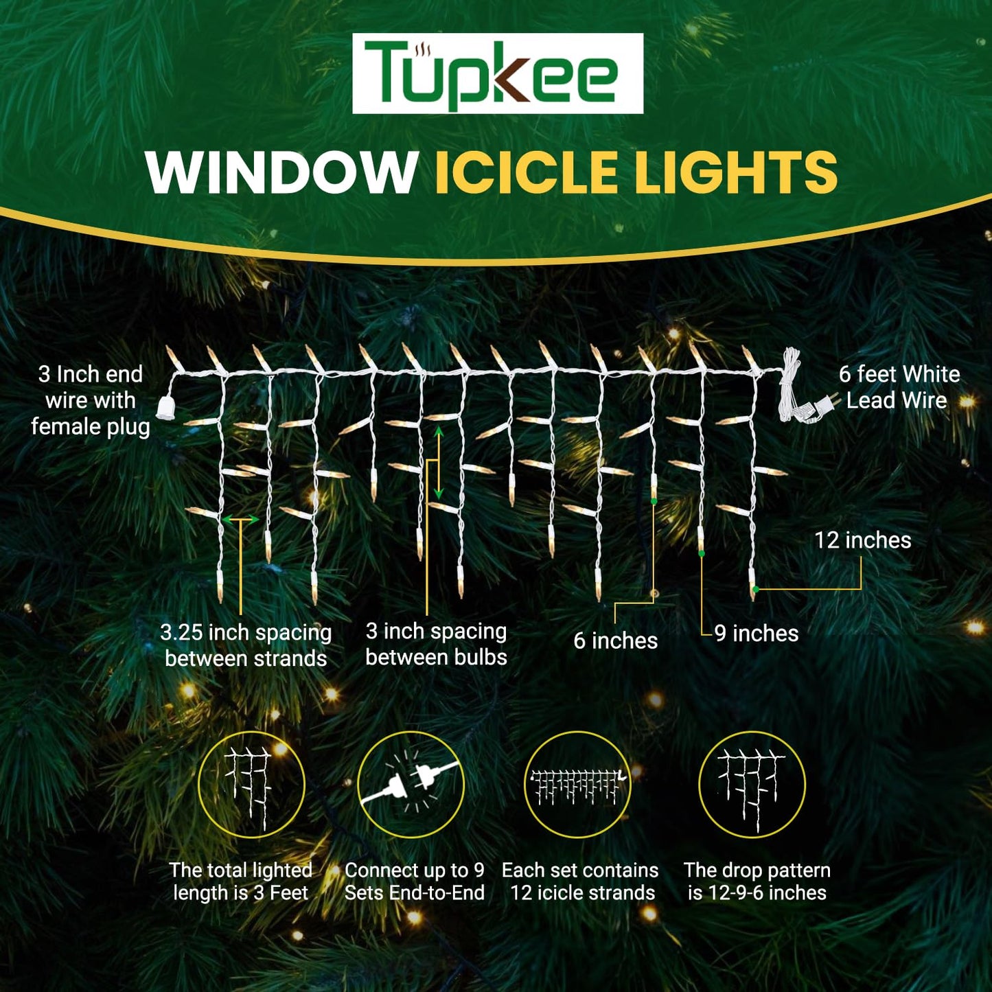 Tupkee Twinkle Window Icicle Lights - 50 Clear Bulbs, 3 Feet, Indoor/Outdoor, Model GSIZA-50A