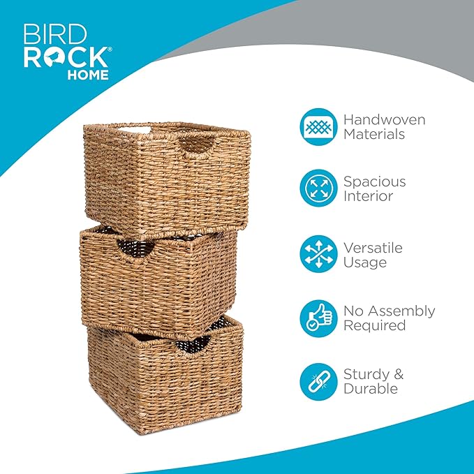 BIRDROCK HOME Storage Shelf Organizer Baskets with Handles - Handwoven Abaca Seagrass Wicker Basket for Pantry, Living Room, Office & Bathroom, Versatile Under Shelf Storage - Set of 3, Natural