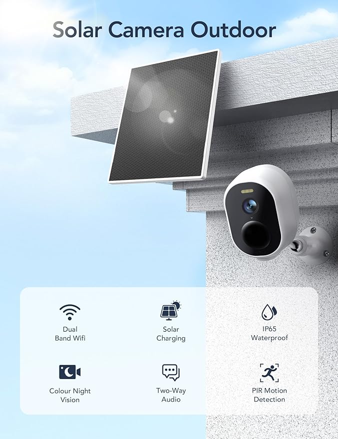 GNCC Solar Security Cameras Wireless Outdoor, 2K Outdoor Battery Camera, Color Night Vision, SD/Cloud Storage, Alarm Detection, 2.4 & 5GHz WiFi, Easy to Install, Manually Adjust View