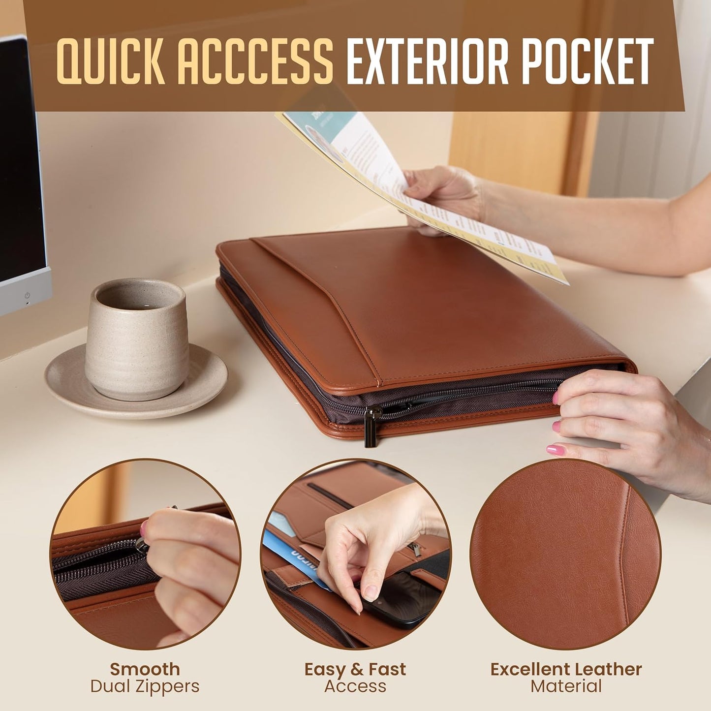 STYLIO Zipper Padfolio Portfolio Binder Organizer (Tan Color) | Faux Leather Portfolio for Resume, Documents, Phone, Tablet, Business Supplies and Cards | Letter Sized Notepad Included | Brown