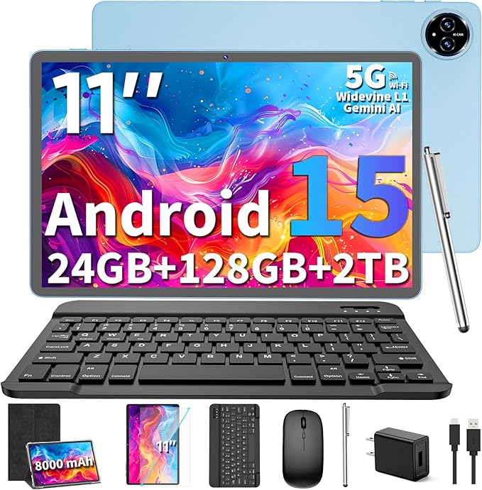2026 Upgraded Android 15 Tablet, 11 inch Tablets with Keyboard, 24GB+128GB+2TB Expand, Octa-Core, 8000mAh, Gemini AI, 5G/2.4G WiFi, BT5.0, GMS, GPS, 2 in 1 Tablets with Case, Mouse, Stylus(Black)