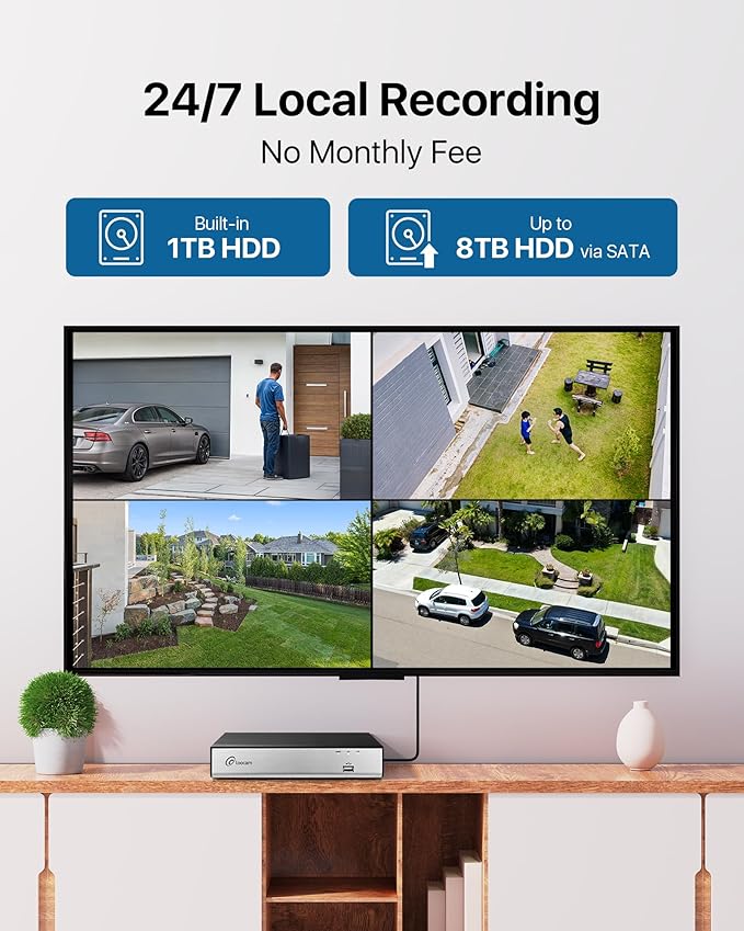 Loocam Security Camera System 1080p, AI Human Vehicle Detection, 8 Channel 4 Cams H.265+ DVR with 1TB HDD Wired Surveillance Camera, Night Vision, Remote Access, App Email Alert, IP66 Indoor Outdoor