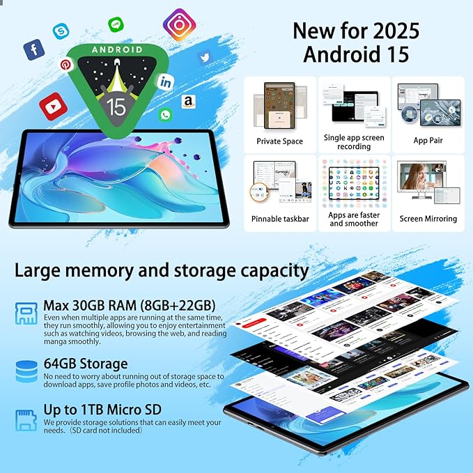 2025 Android 15 Tablet with Keyboard, 10.1 Inch Tablets FHD Display 30GB RAM 64GB ROM 1TB Expand, Octa-Core 2.0GHz, Widevine L1, 6000mAh Battery, 5G WiFi & GPS, Gemini AI, 2-in-1 Tableta PC - Gray