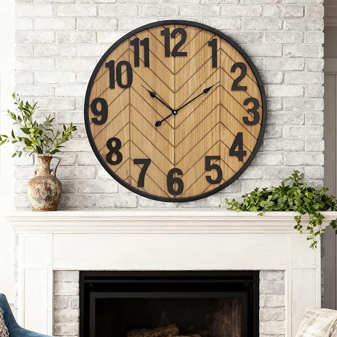 30 Inch Large Wall Clock, Oversized Wooden Farmhouse Wall Clock with Black Metal Frame, Battery Operated Non-Ticking Silent Wall Clocks for Living Room, Kitchen, Bedroom Decor (Brown)