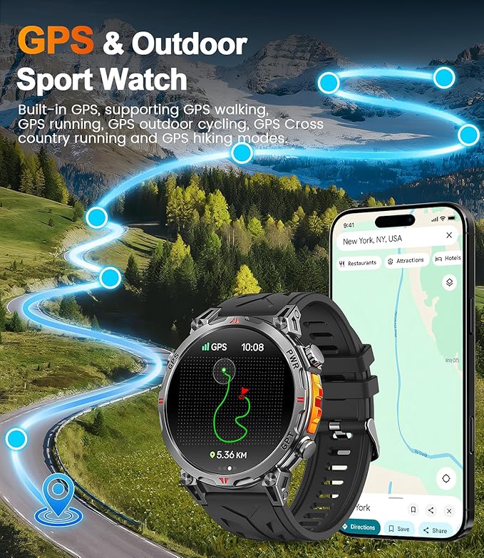 Military Smart Watches for Men GPS, 1.56" AMOLED Screen Bluetooth Call, Smartwatch for Android Phones and iPhone, 100+ Sport Modes, 3ATM Waterproof Smart Watch with Compass(Orange & Blue)
