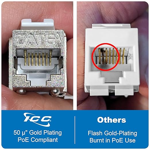 ICC Shielded FTP CAT6A Keystone Jack with Slim Profile 180 Degree Punch Down, 10Gbps RJ45 UL Listed PoE++ TAA Compliant for Wall Plate or Patch Panel, Works with JackEasy Termination Tool, 25 Pack