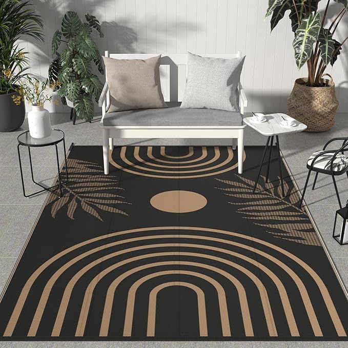 GENIMO Outdoor Rug 8' x 10' Waterproof for Patio Clearance, Reversible Lightweight Plastic Straw Camping Carpet, Large Area Rugs Mats for Rv, Backyard, Deck, Porch, Picnic, Balcony, Mix-Black & Brown