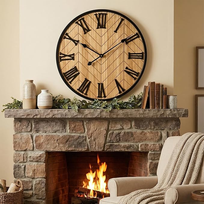 24 Inch Large Wall Clock Farmhouse Style - Brown Silent Non-Ticking Rustic Decor for Living Room, Kitchen, Bedroom