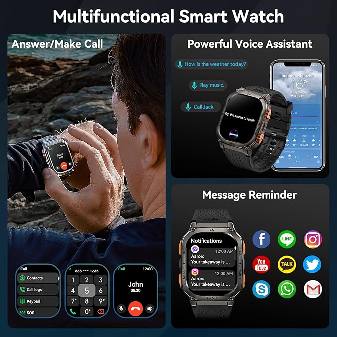 AMAZTIM Military Smart Watch with GPS, 6 Satellite Positioning/Compass, Stainless Steel Body, Waterproof, 480mAh Extra-Large Battery, Answer/Make Call, 2" AMOLED Screen, Compatible for Android iOS