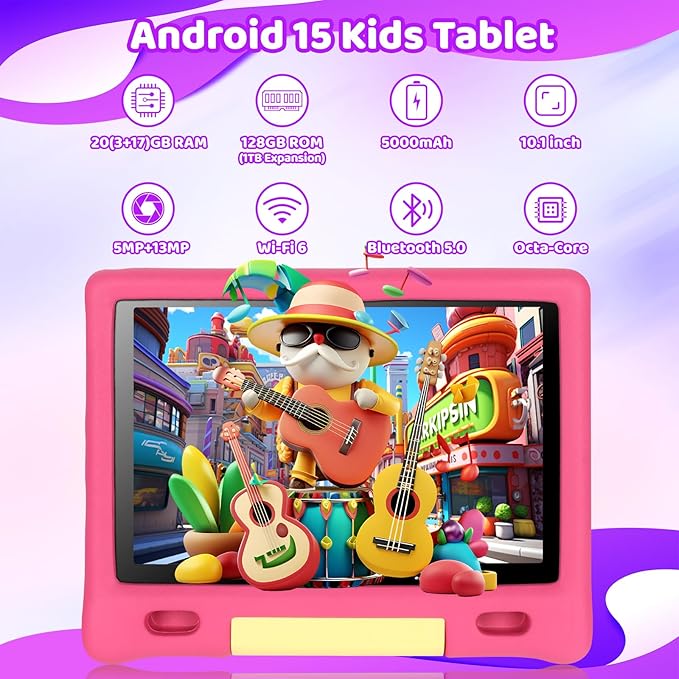 Gleeso Kids Tablet, Android 15 Tablet for Kids 10 inch Octa-Core with Case, 128GB 1TB TF Card Expandable for Toddler Children, Parental Control, Dual Camera, WiFi,Gift（Pink）