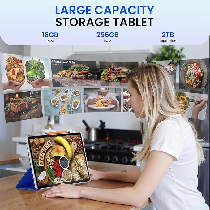14 inch Large Screen Tablet, Android 15 Tablet 16GB RAM 256GB ROM, 1920 * 1200 IPS FHD Display, Widevine L1, 10000mAh 18W Charging, Wi-Fi & Bluetooth, 4G LTE, with Stand Case & Stylus