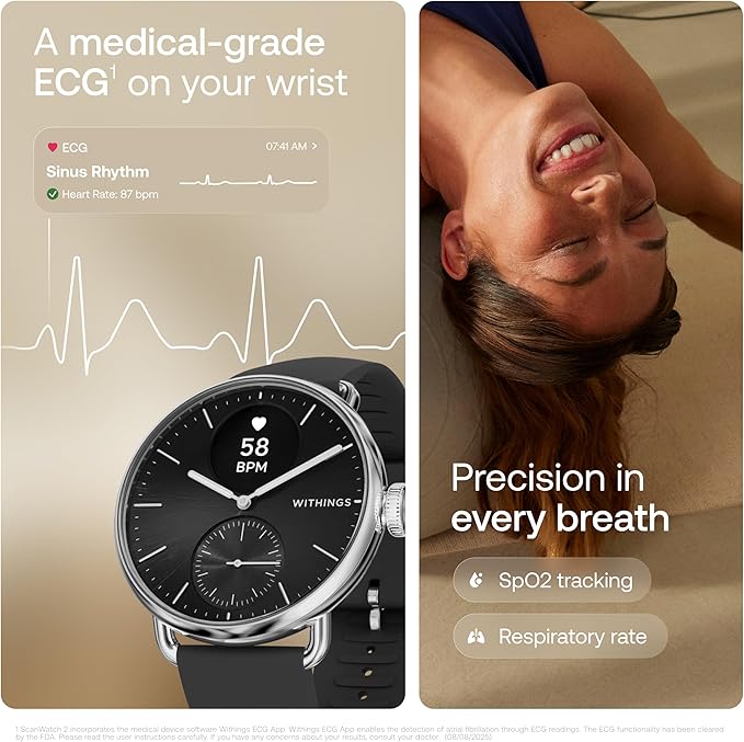 WITHINGS ScanWatch 2 - Hybrid Smart Watch, Heart Rate Monitoring, Fitness Tracker, Cycle Tracker, Sleep Monitoring, GPS Tracker, 30-Day Battery Life, Android & Apple Compatible, HSA/FSA