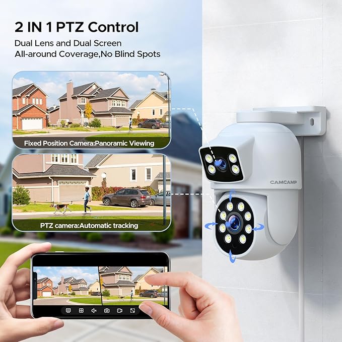 Camcamp Dual Lens Security Camera Outdoor, 2K Full HD Video, 360° View Pan/Tilt Surveillance & Security Cameras with Color Night Vision, Easy to Install, PIR Alarm