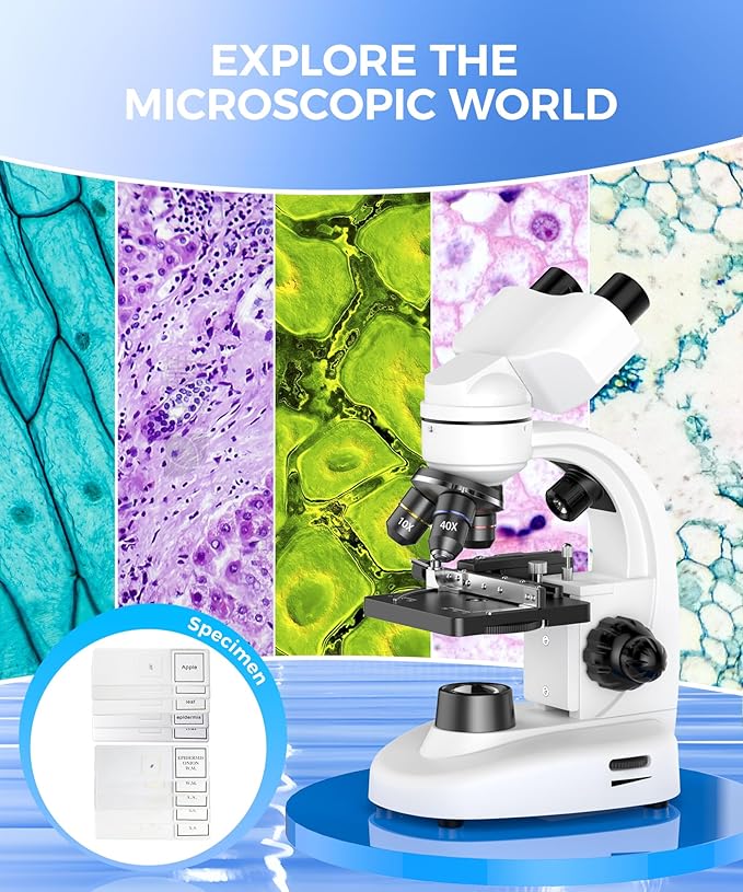 Compound Binocular Microscope for Adults, Professionals & Kids, 40X-2000X Magnification with LED Illumination, Mechanical Stage, WF2x & WF25x Eyepieces，Compatible for Lab, School, Home Education