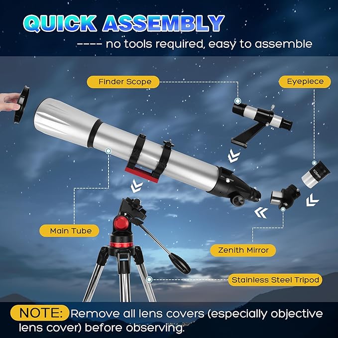 Telescope for Adults High Powered, 90mm Aperture 900mm Professional Astronomical Refractor Telescope for Beginners, Fully Multi-Coated High Light Transmittance for Ground&Moon Observation（Silver Gray）