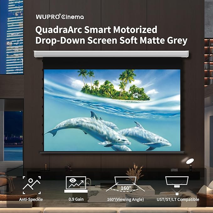 QuadraArc Motorized Drop Down Projector Screen 16:9 Gray Fabric, Wall & Ceiling Mount, Electric Pull Down Screen with Remote Control, Compatible with All Projectors 72"